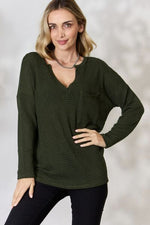 BiBi Notched Popcorn Waffle Long Sleeve Top - Ladyez