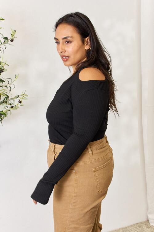Culture Code Full Size Ribbed Surplice Cold Shoulder Top - Ladyez