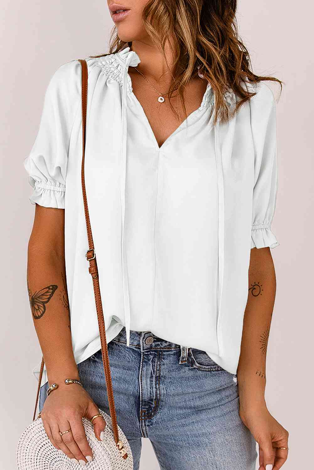 Smocked Frill Trim Flounce Sleeve Blouse - Ladyez