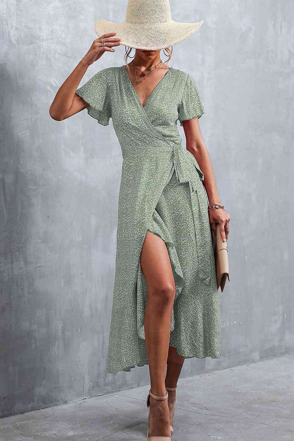 Floral Surplice Neck Tied Midi Dress - Ladyez