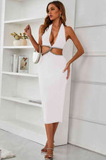 Rhinestone Halter Neck Cutout Slit Midi Dress - Ladyez