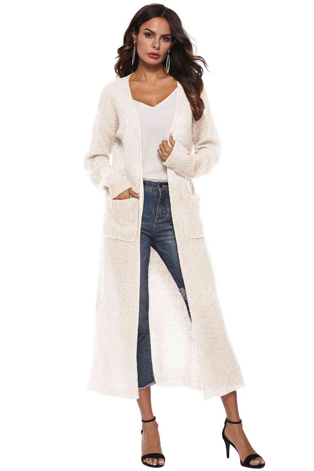 Long Sleeve Open Front Buttoned Cardigan - Ladyez