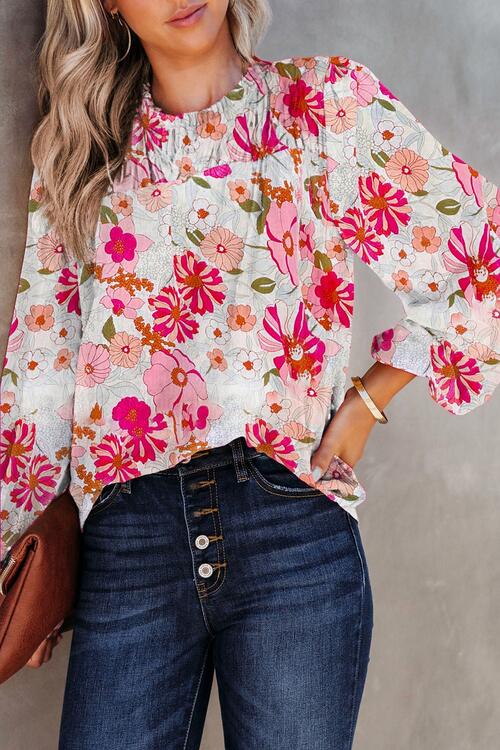 Floral Round Neck Balloon Sleeve Blouse - Ladyez