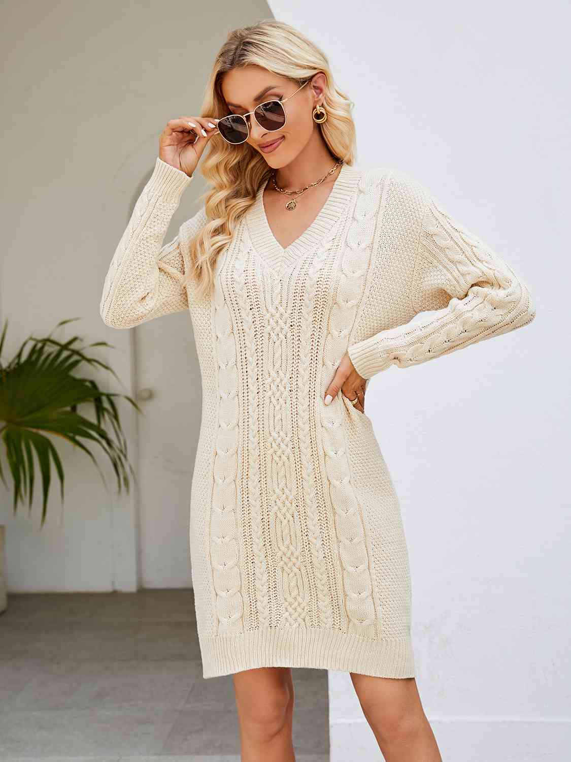 Cable-Knit V-Neck Mini Sweater Dress - Ladyez