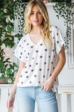 Heimish Full Size Star Print Short Sleeve V-Neck Waffle Knit T-Shirt - Ladyez