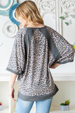 Heimish Full Size Leopard Contrast V-Neck Half Sleeve T-Shirt - Ladyez