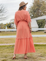 Plus Size Tassel Trim V-Neck Short Sleeve Ruffle Hem Dress - Ladyez