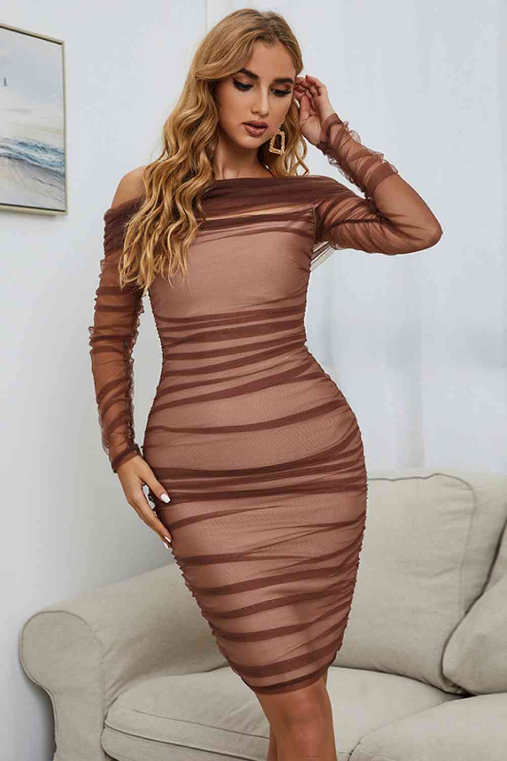 Off-Shoulder Ruched Long Sleeve Tulle Dress - Ladyez