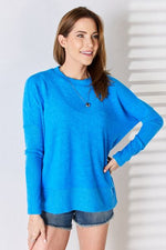 Zenana Ribbed Trim Round Neck Long Sleeve Top - Ladyez