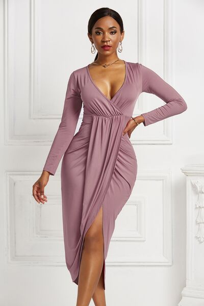 High-low Ruched Surplice Long Sleeve Dress - Ladyez