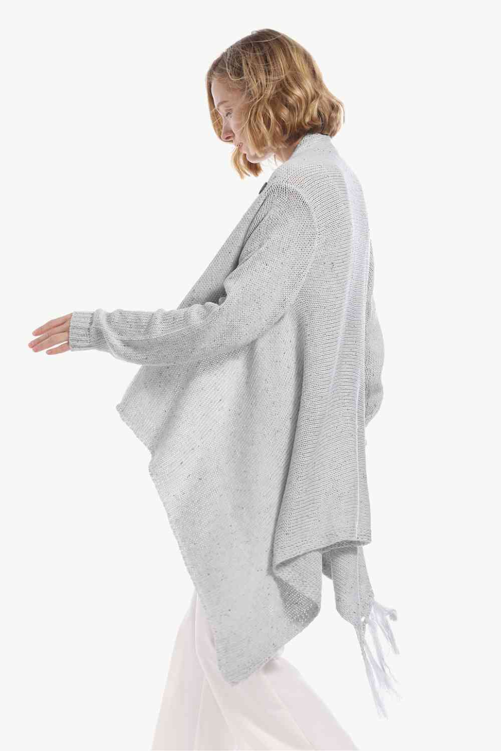 One-Button Tassel Tie Asymmetrical Hem Cardigan - Ladyez
