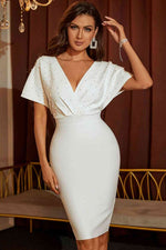 Beaded Dolman Sleeve Surplice Bodycon Dress - Ladyez