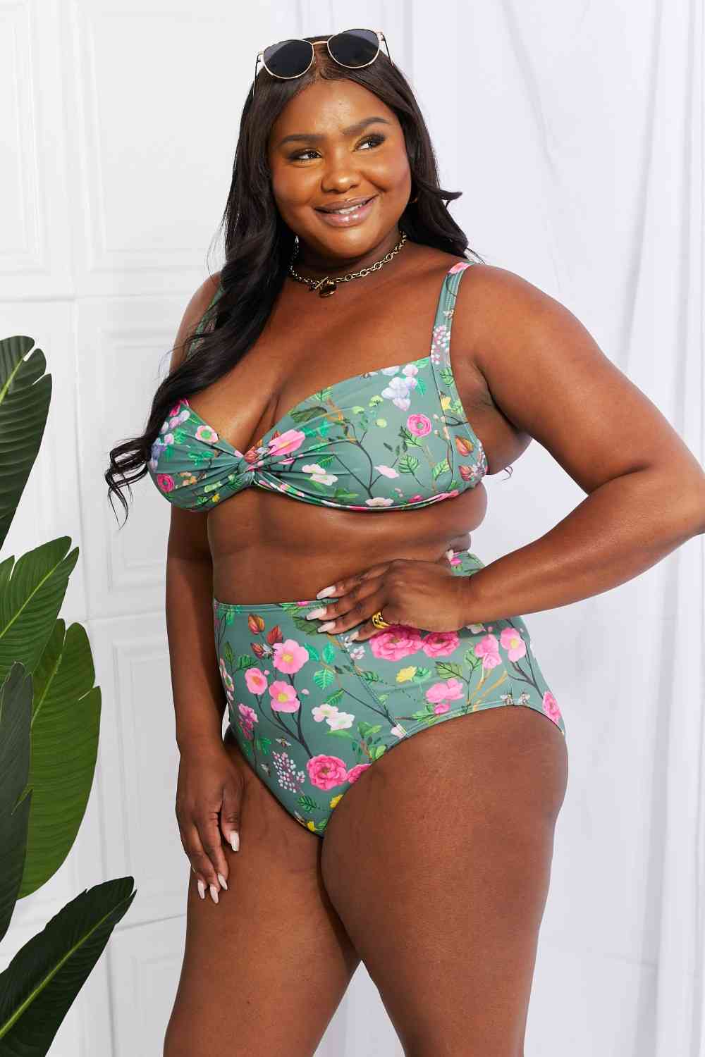 Marina West Swim Take A Dip Twist High-Rise Bikini in Sage - Ladyez