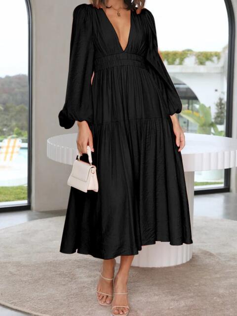 Deep V-Neck Balloon Sleeve Plain Maxi Dress - Ladyez