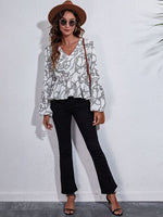 Printed V-Neck Balloon Sleeve Peplum Blouse - Ladyez