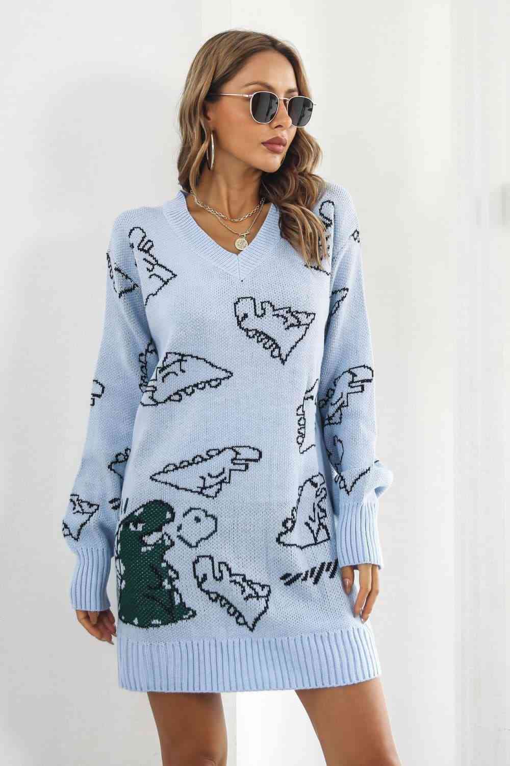 Dinosaur Pattern V-Neck Sweater Dress - Ladyez