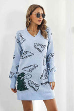 Dinosaur Pattern V-Neck Sweater Dress - Ladyez