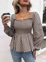 Printed Square Neck Long Sleeve Blouse - Ladyez