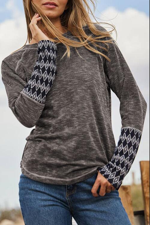 Geometric Round Neck Long Sleeve Top - Ladyez