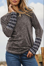 Geometric Round Neck Long Sleeve Top - Ladyez