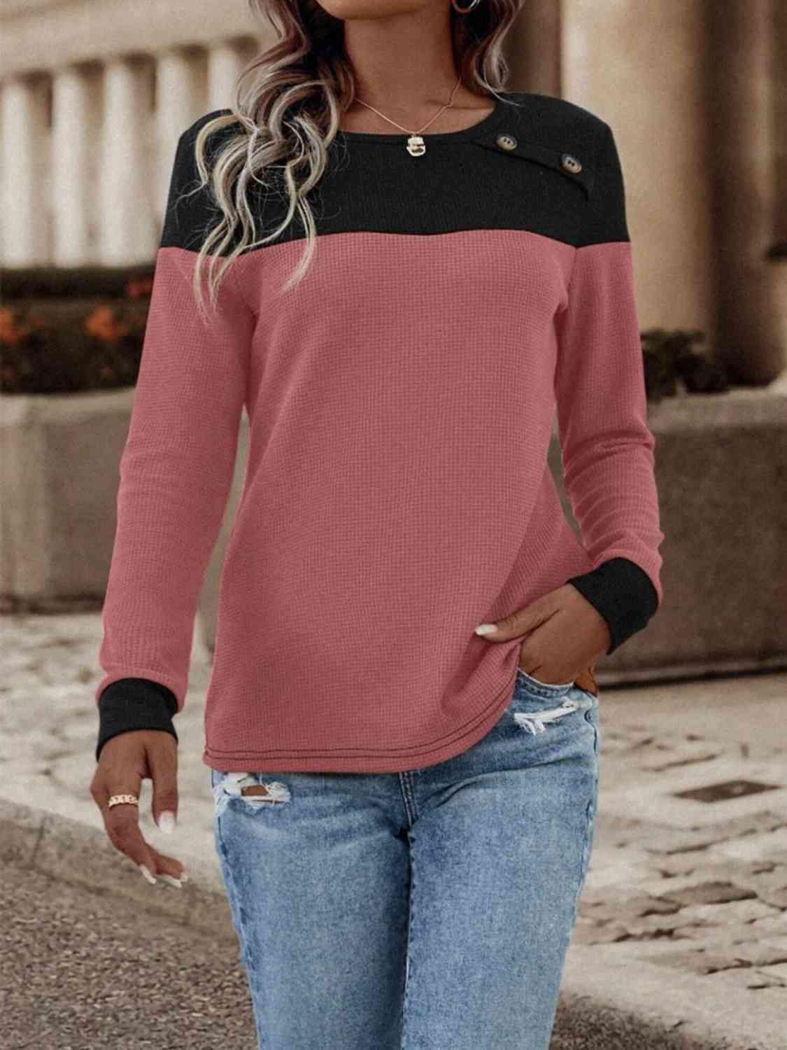 Contrast Buttoned Round Neck Long Sleeve T-Shirt - Ladyez