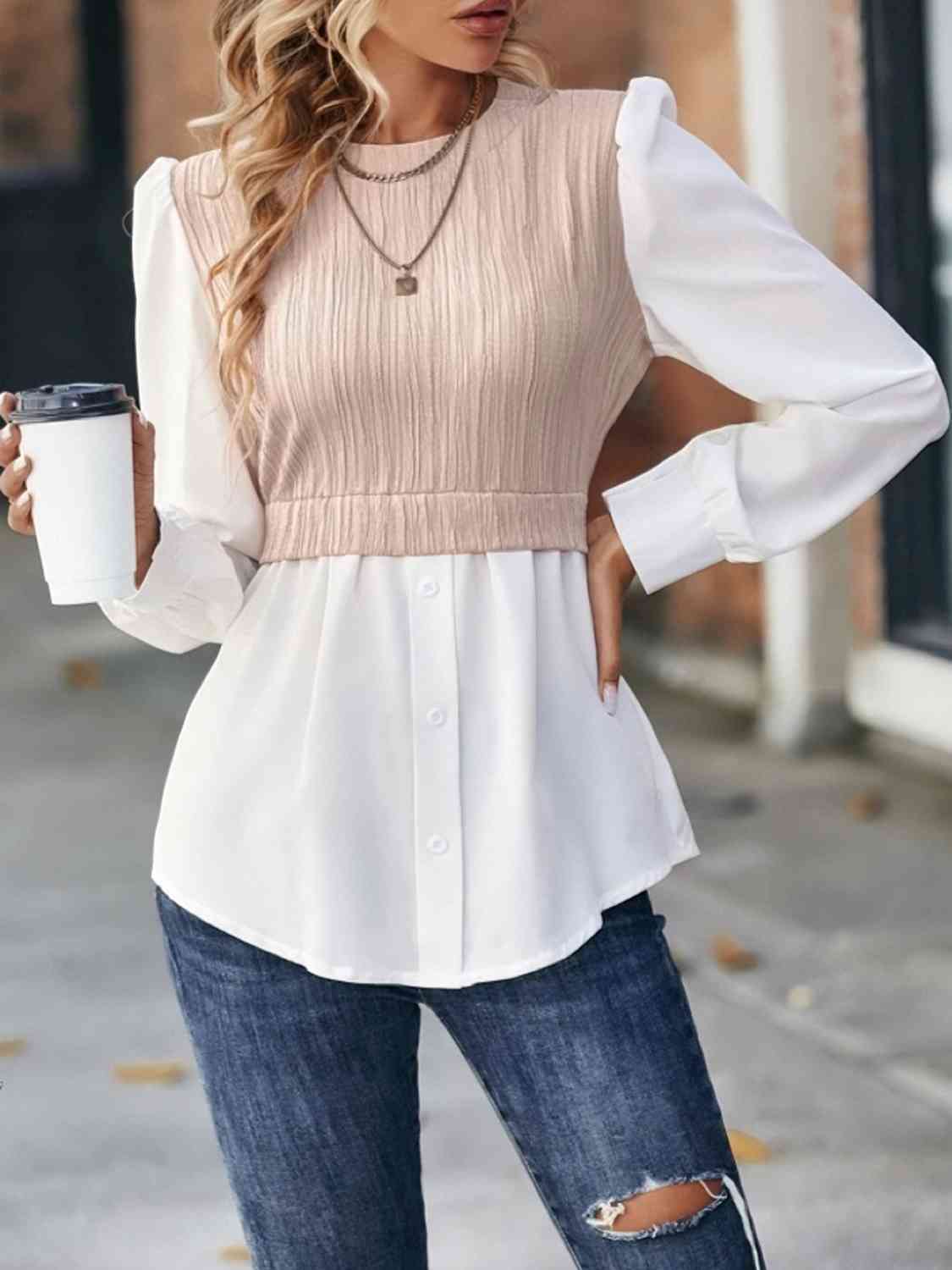 Contrast Round Neck Puff Sleeve Blouse - Ladyez