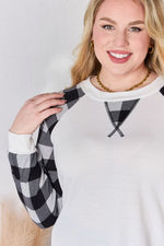 Hailey & Co Full Size Plaid Raglan Sleeve Round Neck Blouse - Ladyez