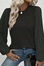 Ribbed Round Neck Long Sleeve Knit Top - Ladyez