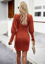Cable-Knit Round Neck Lantern Sleeve Sweater Dress - Ladyez