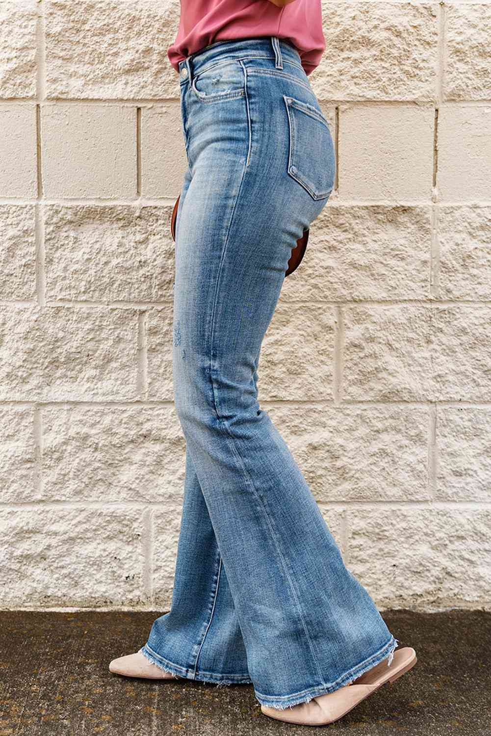 High-Rise Waist Distressed Flare Jeans - Ladyez