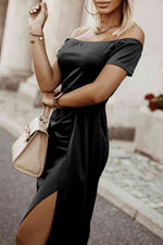 Off-Shoulder Short Sleeve Split Dress - Ladyez