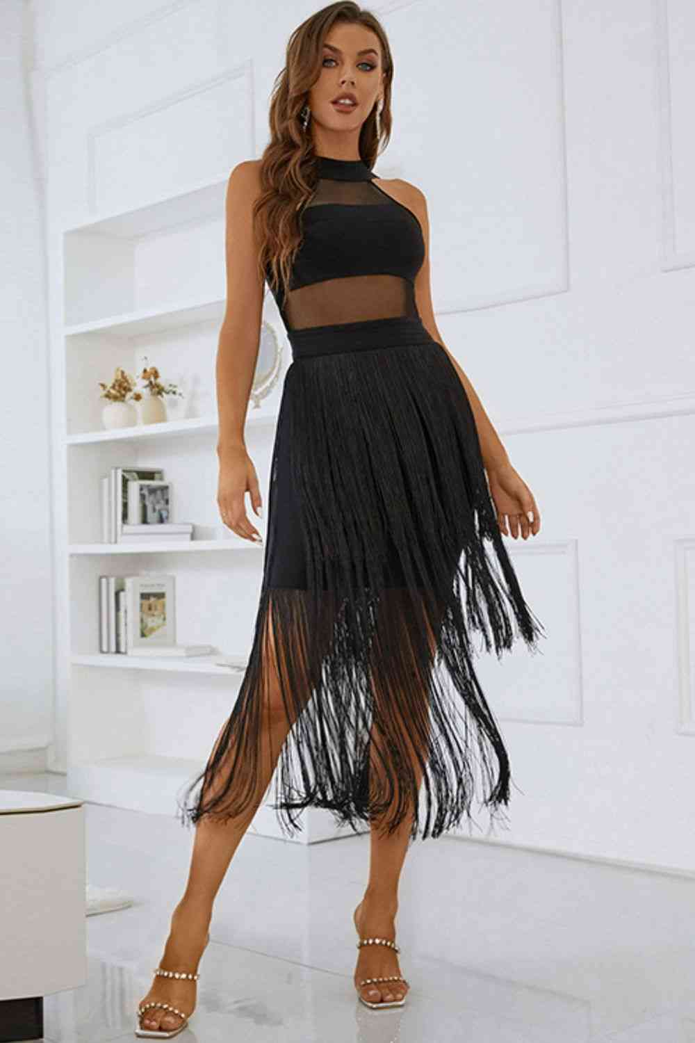 Spliced Mesh Fringe Hem Sleeveless Dress - Ladyez