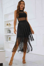 Spliced Mesh Fringe Hem Sleeveless Dress - Ladyez