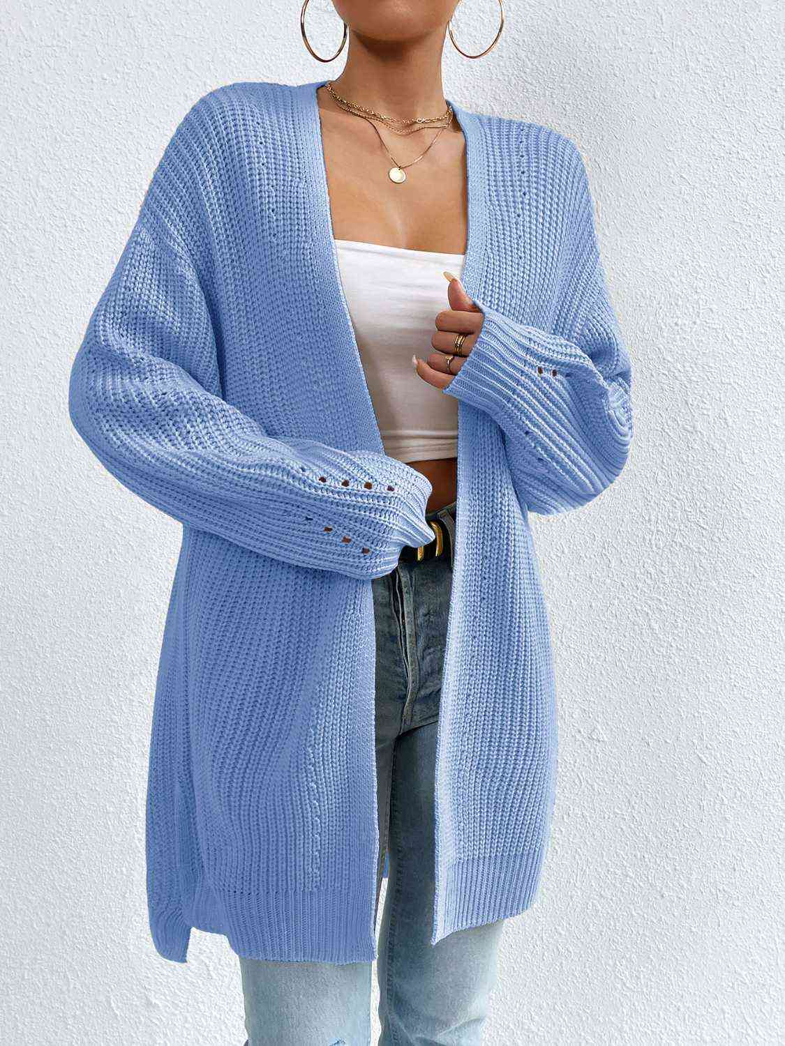 Open Front Dropped Shoulder Slit Cardigan - Ladyez