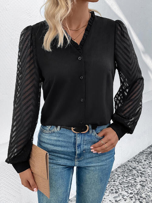 Mesh V-Neck Button Front Blouse - Ladyez