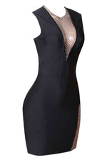 Rhinestone Detail Spliced Mesh Sleeveless Dress - Ladyez