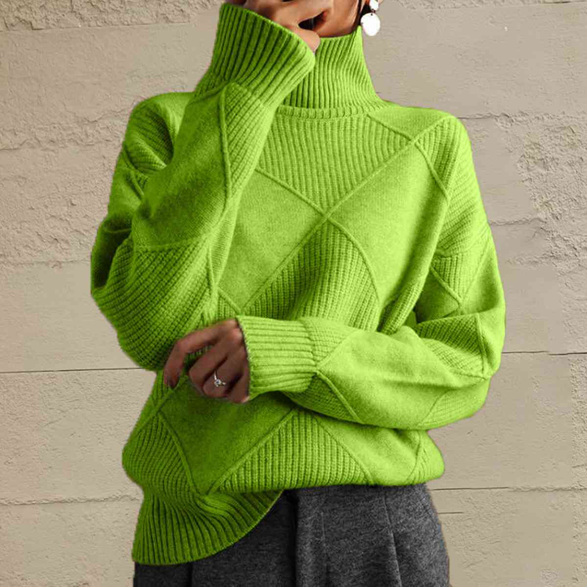 Geometric Turtleneck Long Sleeve Sweater - Ladyez