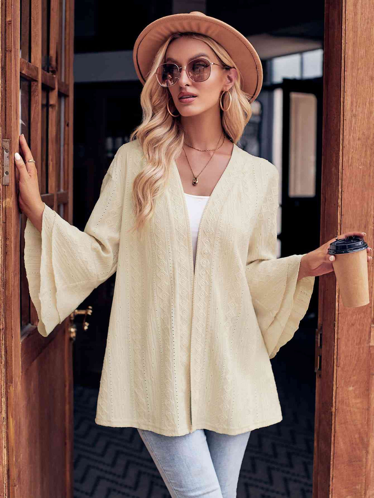 Eyelet Bell Sleeve Cardigan - Ladyez