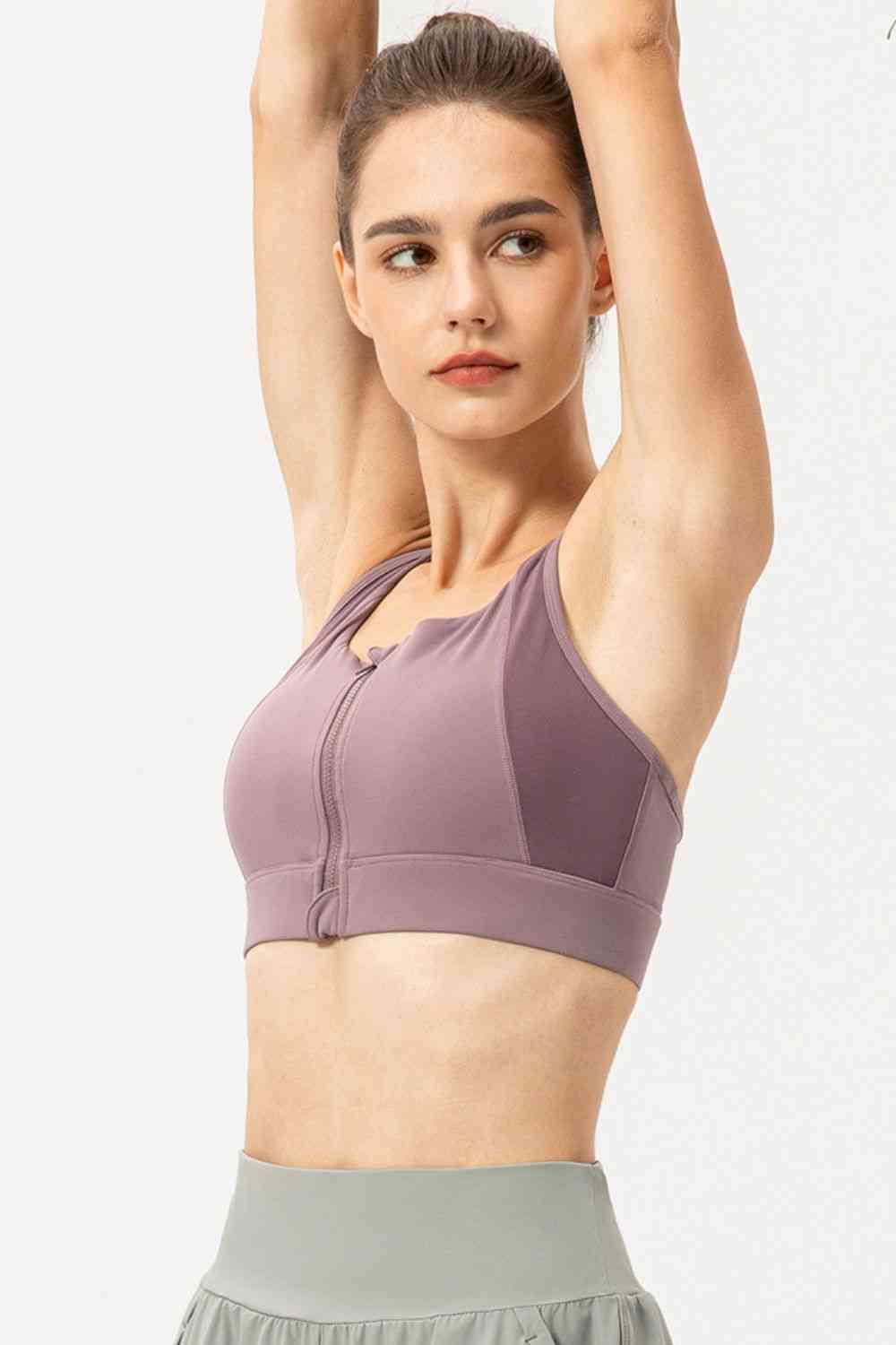 Zip-Up Round Neck Sports Bra - Ladyez