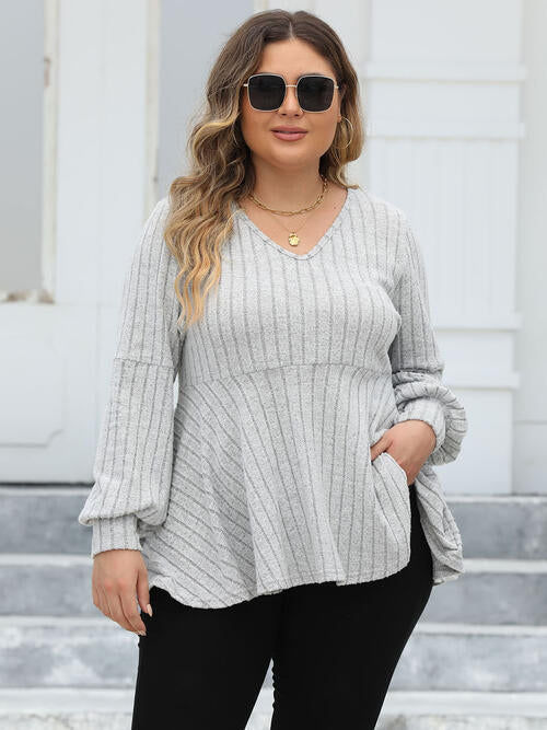 Plus Size Ribbed V-Neck Long Sleeve Blouse - Ladyez