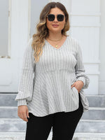 Plus Size Ribbed V-Neck Long Sleeve Blouse - Ladyez