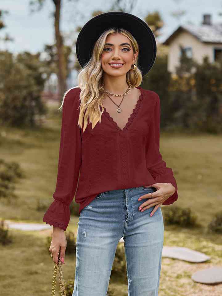 V-Neck Flounce Sleeve Blouse - Ladyez