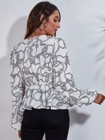 Printed V-Neck Balloon Sleeve Peplum Blouse - Ladyez
