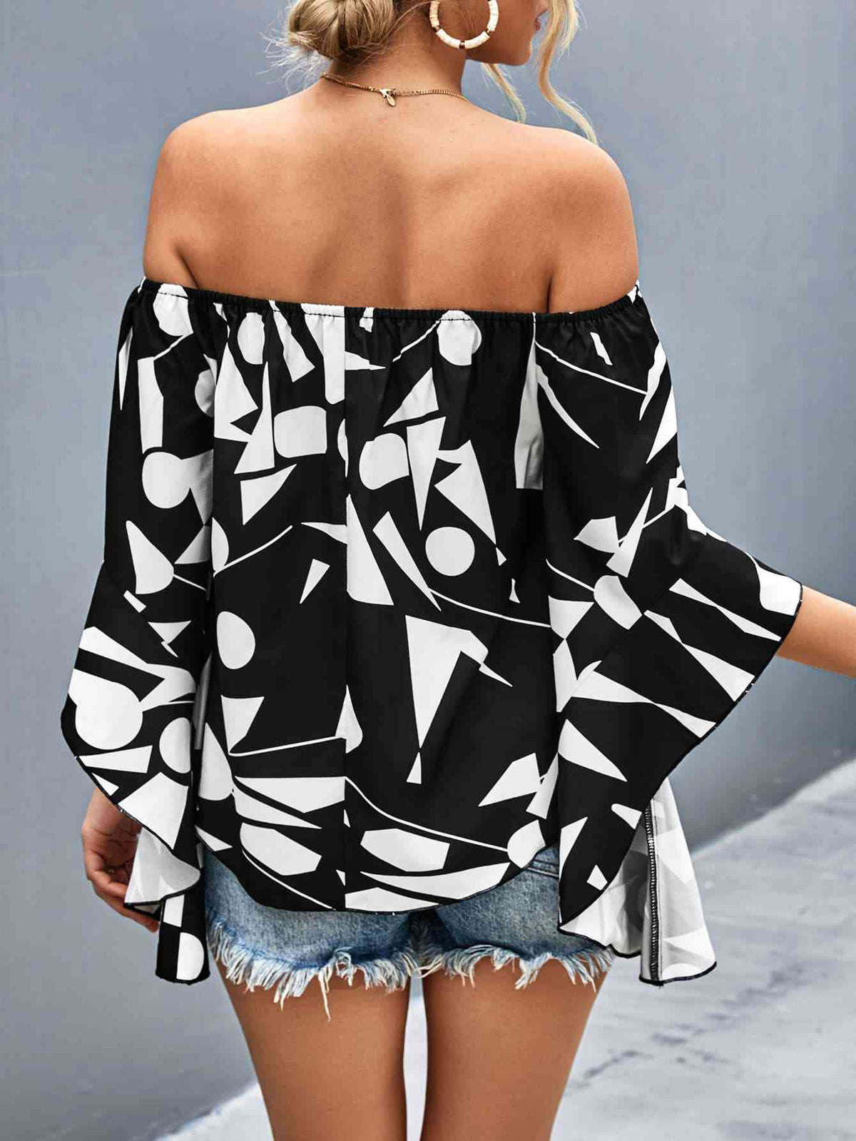 Printed Off-Shoulder Bell Sleeve Blouse - Ladyez