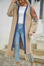 Double Take Geometric Fringe Hem Open Front Duster Cardigan - Ladyez