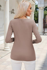 Ribbed V-Neck Long Sleeve Blouse with Pocket - Ladyez