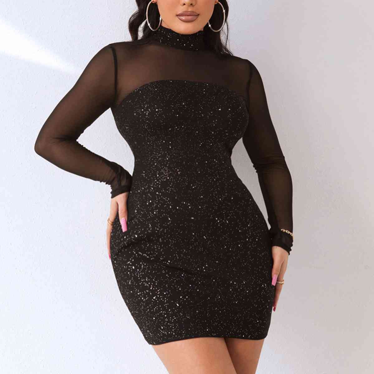 Sequin Mock Neck Mesh Dress - Ladyez