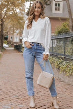 Openwork Notched Flounce Sleeve Blouse - Ladyez