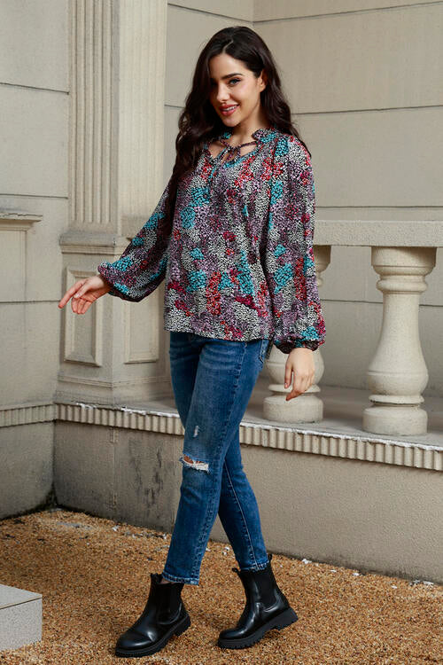 Tie Neck Heathered Balloon Sleeve Blouse - Ladyez