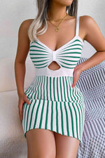 Striped Cutout Spaghetti Strap Knit Dress - Ladyez
